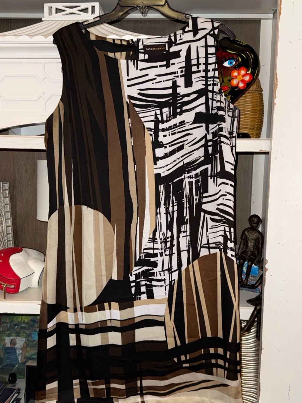 Dana Buchman sz 12 silky dress sheath abstract brown black white print - Picture 3 of 5